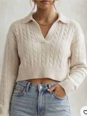 Sunday Best Cream Cable-Knit Collared V-Neck Cropped Sweater